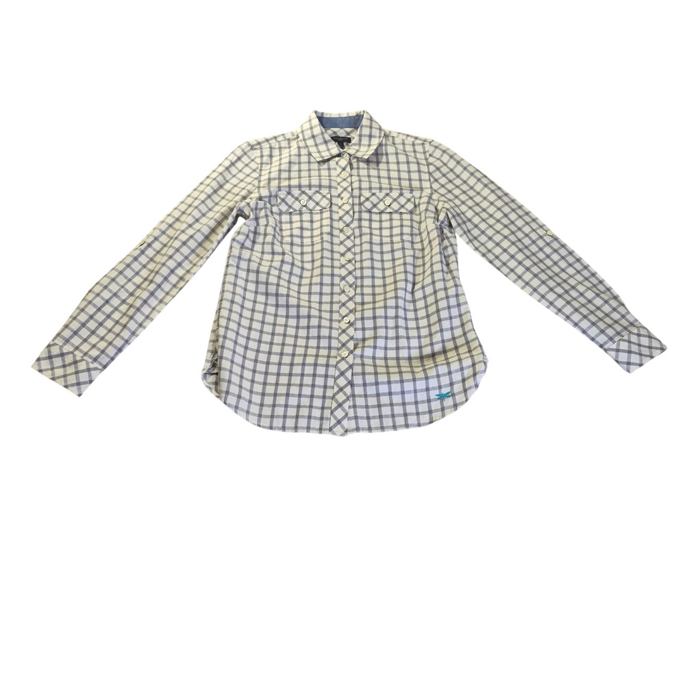 Talbots Plaid Metallic Button Down Shirt Womens Size P Petite Grey White Shimmer